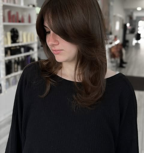 Long dark brown layers with a heavy side-swept fringe.